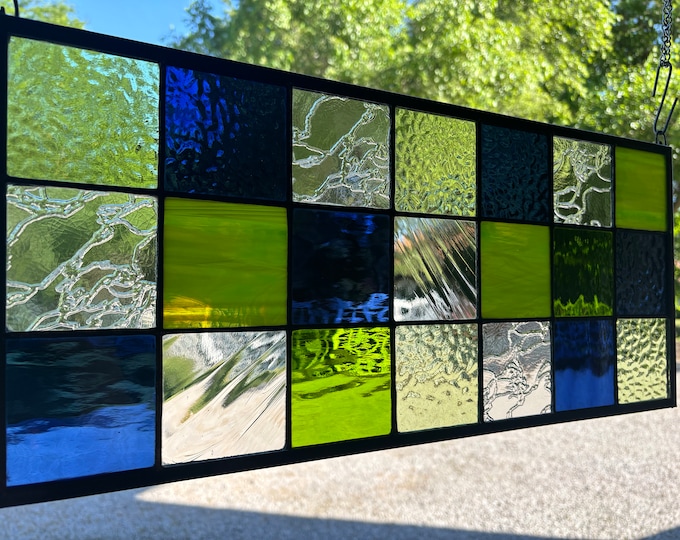 HoneyDewGlass Moss and Navy Tudor Stained Glass, 9.5" X 21.5",