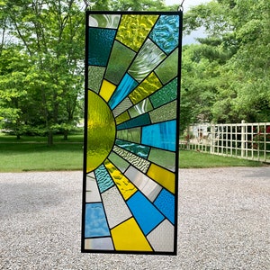 HoneyDewGlass Yellow and Blue Stained Glass Sunshine Panel, 10.5" x26.5"