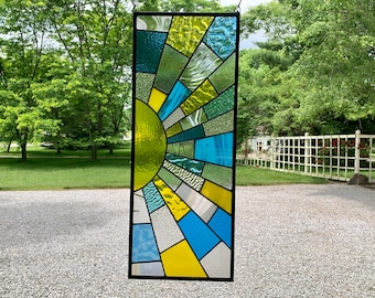 HoneyDewGlass Yellow and Blue Stained Glass Sunshine Panel, 10.5" x26.5"