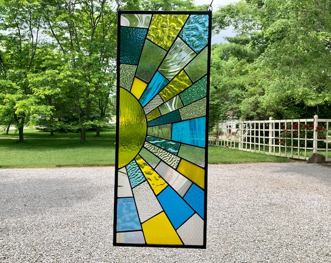 HoneyDewGlass Yellow and Blue Stained Glass Sunshine Panel, 10.5" x26.5"