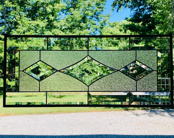 HoneyDewGlass Three Diamond and Moss Stained Glass Panel with Bevels, 10.5" X 24.5"