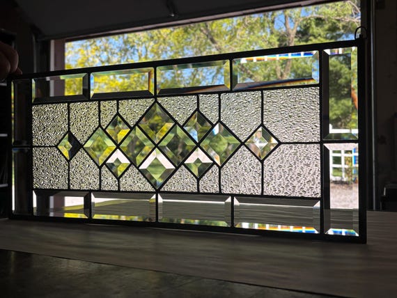Beveled Stained Glass Panel | Clear Moss Textured Glass | 10.5" x 24.5" | Handmade in Ohio by Honey Dew Glass | Tiffany Copper Foil