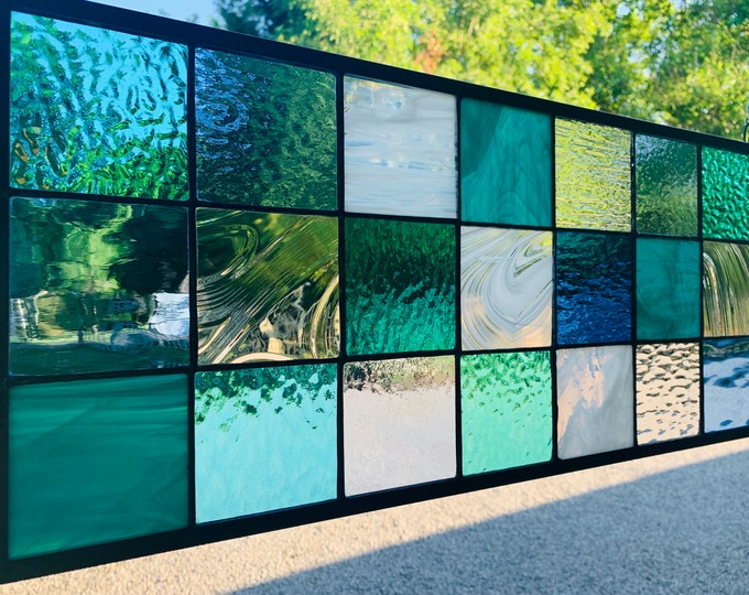 HoneyDewGlass Beach Tone Square Tudor Stained Glass, 9.5" X 21.5",