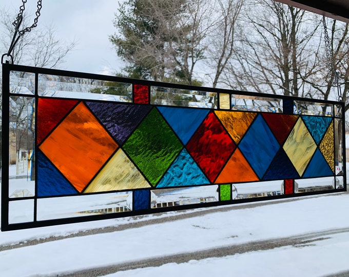 HoneyDewGlass Warm Diamond Tudor Stained Glass, 9.5" X 31"