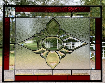 Dark Red Bevel Cluster Stained Glass Panel with Glue Chip | 20.75" x 26.75" | Honey Dew Glass