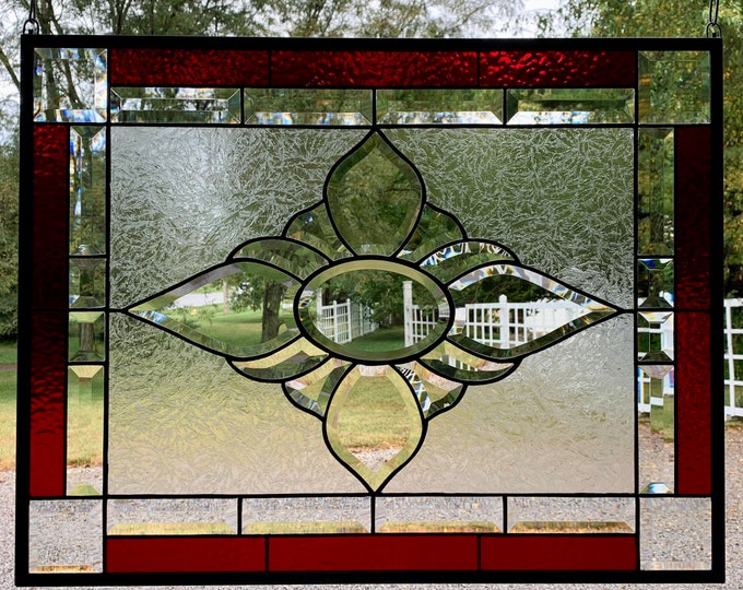 HoneyDewGlass Ruby Red Stained Glass Window Panel with Bevel Cluster, 20.75" X 26.75"