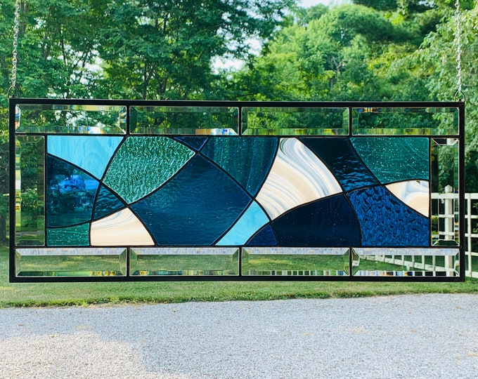 HoneyDewGlass Abstract Ocean Swirl Stained Glass Panel with Bevels, 11.5" X 28.5", Blue, Turquoise,  Beach