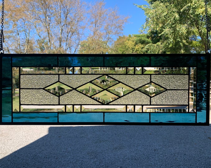 HoneyDewGlass Smokey Blue Diamond Stained Glass Panel, 9.5" X 27.5"
