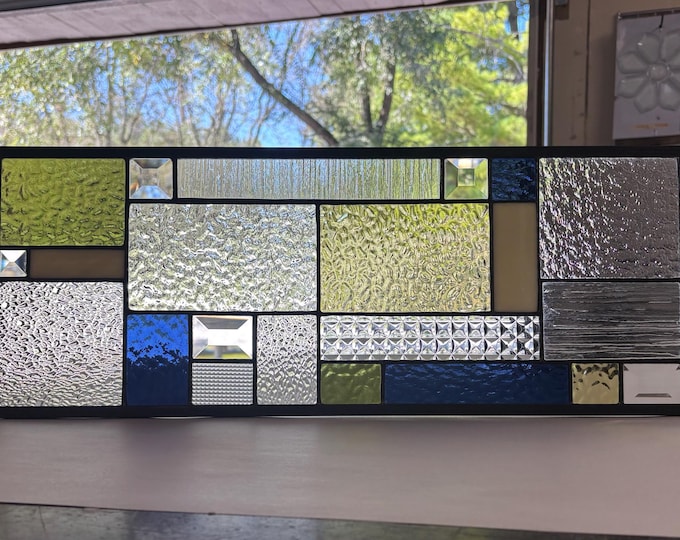 Navy Blue, Sage & Ivory Stained Glass Window Panel with Clear Textured Glass and Bevels – Honey Dew Glass 8.5” x 28.5”