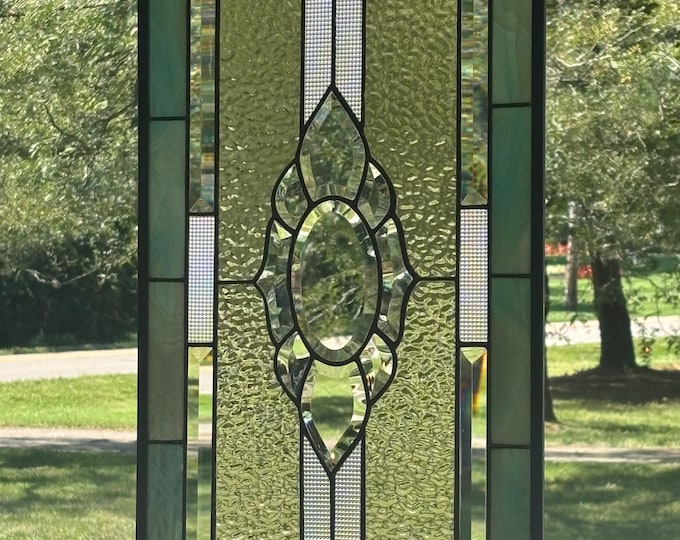 Seafoam Green Stained Glass Window Panel with Floral Bevel Cluster - Honey Dew Glass 13.5” x 25.5”