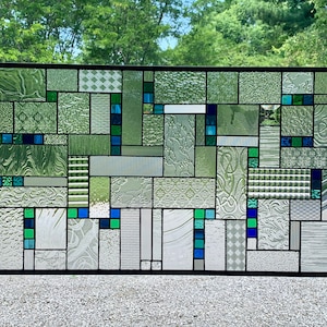 Geometric Stained Glass Panel | Assorted Clear Textures with Blue and Green Accents | 20&quot; x 34&quot; | Honey Dew Glass