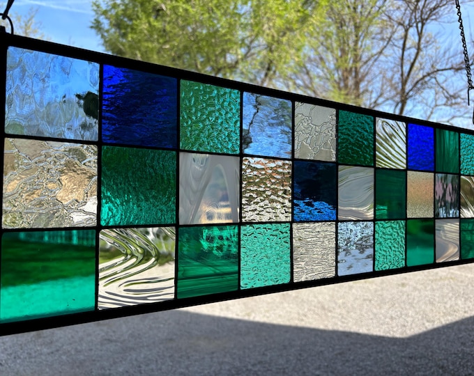 HoneyDewGlass Beach Tone Square Tudor Stained Glass, 9.5" X 31.25",