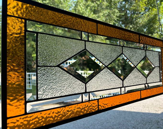 HoneyDewGlass Dark Amber Stained Glass Panel with Three Diamonds, 11.5" X 30.5”