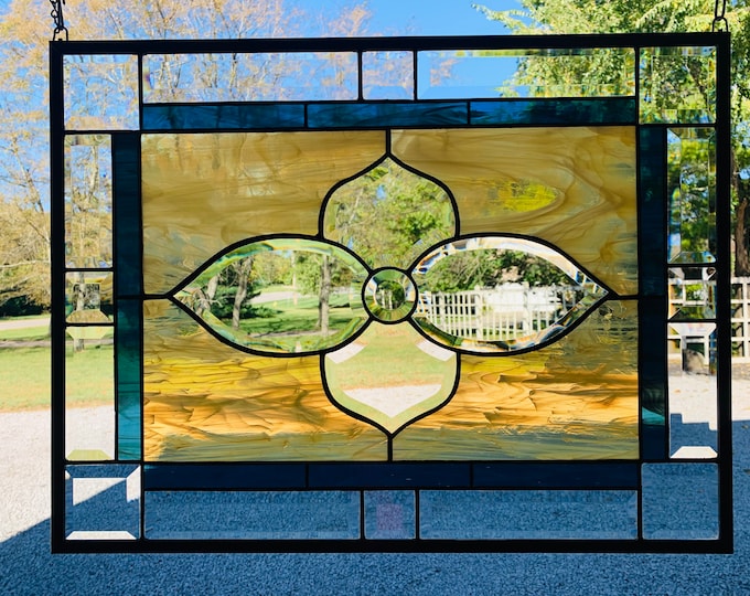 HoneyDewGlass Smokey Blue and Amber Stained Glass Window with Flower Cluster, 18.75" X 24.75"