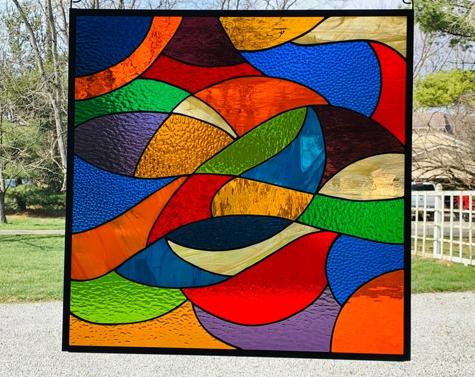 HoneyDewGlass Large Colorful Swirl Stained Glass Window, 24.75" X 24.75"