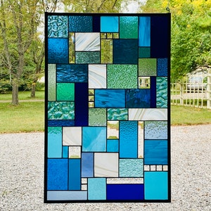 HoneyDewGlass Blue and White Geometric Stained Glass Panel, 20.75" X 30.75"