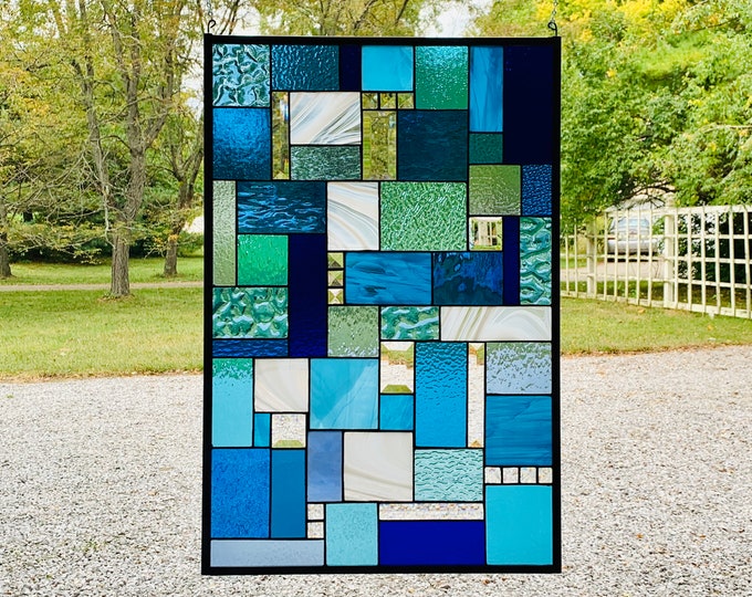 HoneyDewGlass Blue and White Geometric Stained Glass Panel, 20.75" X 30.75"