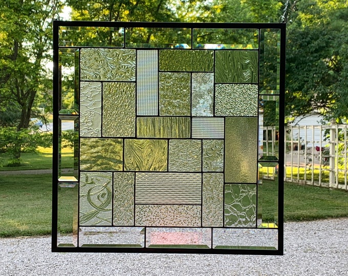 HoneyDewGlass Large Clear Textured Geometric Stained Glass Panel, 20.75" X 20.75"