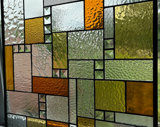 HoneyDewGlass Amber and Clear Mission Stained glass Panel, 19”H x 18.5”W