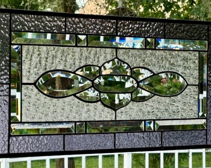HoneyDewGlass Purple Lilian Cluster Stained Glass Panel with Florentine Clear Glass, 11.5" X 23.5"