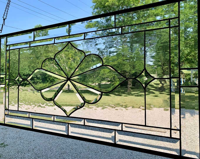 HoneyDewGlass Large Clear Stained Glass Window with MBX222 Bevel Cluster and Water Glass, 18.75" X 36.75"