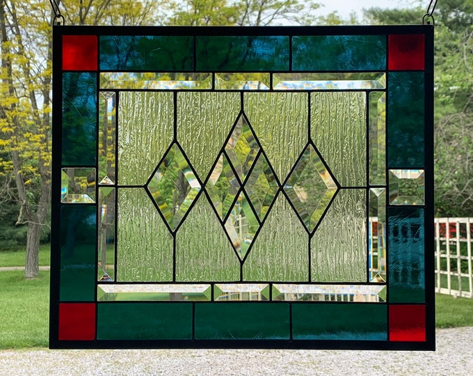 HoneyDewGlass Smokey Blue and Red Diamond Stained Glass Window Panel, 16.75" X 19.75"