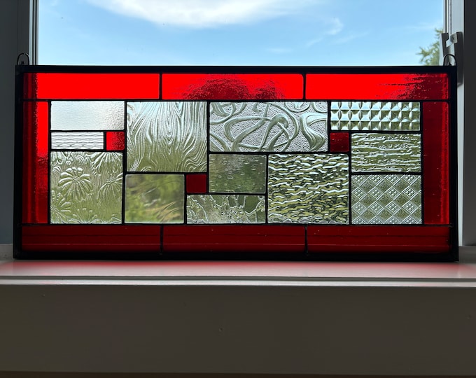 Honey Dew Glass Ruby Red Geometric Stained Glass Panel, 9.5" X 21.5",