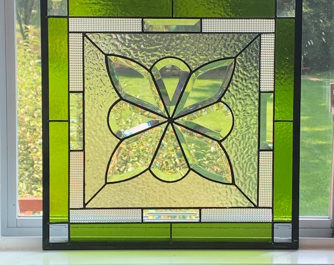 HoneyDewGlass Square Chartreuse Flower Cluster Stained Glass Panel with Bevels, 17.75" X 17.75"