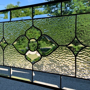 Clear Ripple Glass Stained Glass Panel with Bevel Flower Cluster & Bevel Border – Honey Dew Glass 12.5&quot; x 24.5&quot;