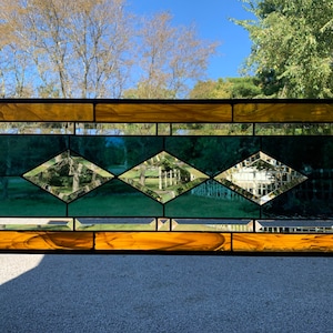 Amber & Blue Glass Panel | 11.5&quot; x 30.5&quot; | Beveled Stained Glass Window | Handmade by Honey Dew Glass
