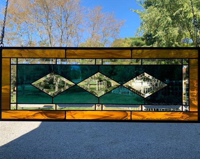 HoneyDewGlass Smokey Blue and Amber Diamond Stained Glass Panel, 11.5" X 30.5"