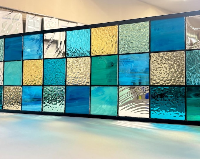 Teal, Turquoise and Gold Color Block Stained Glass Window Panel with Clear Textured Glass – Honey Dew Glass 9 5/8” x 31 1/4”