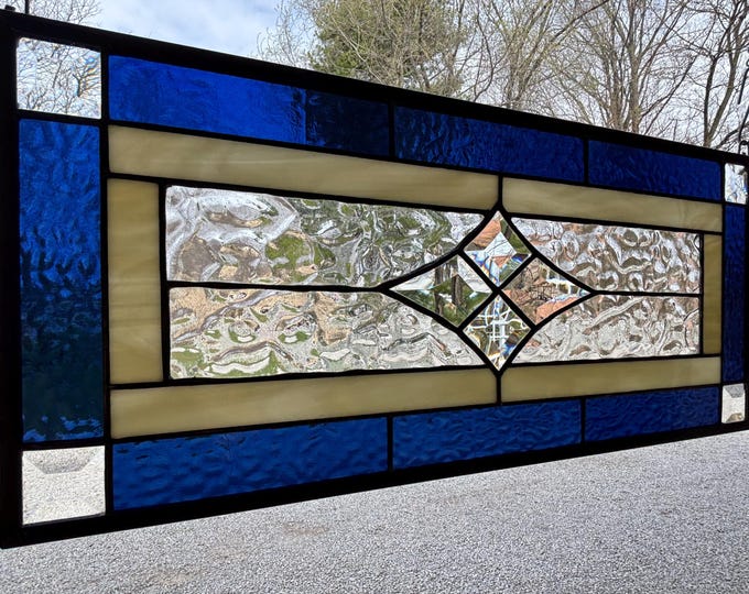 Dark Blue Beveled Stained Glass Panel | 9.5" x 21.5" Window Art