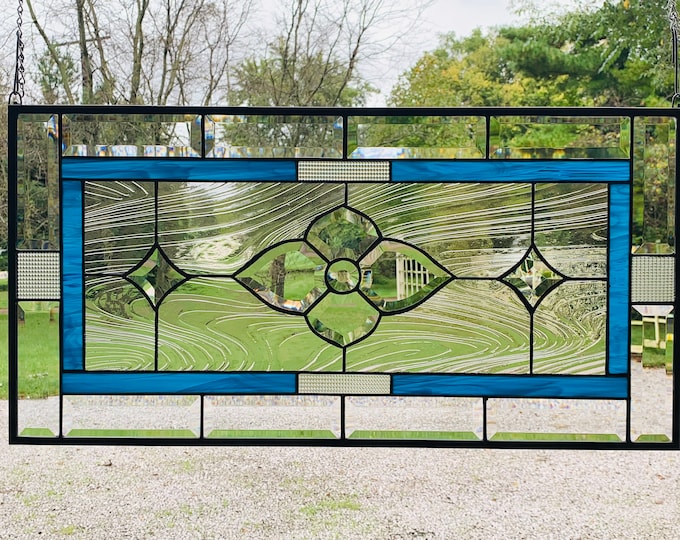HoneyDewGlass Turquoise and Wispy Stained Glass Transom With Flower Cluster, 14.5" X 28.5"