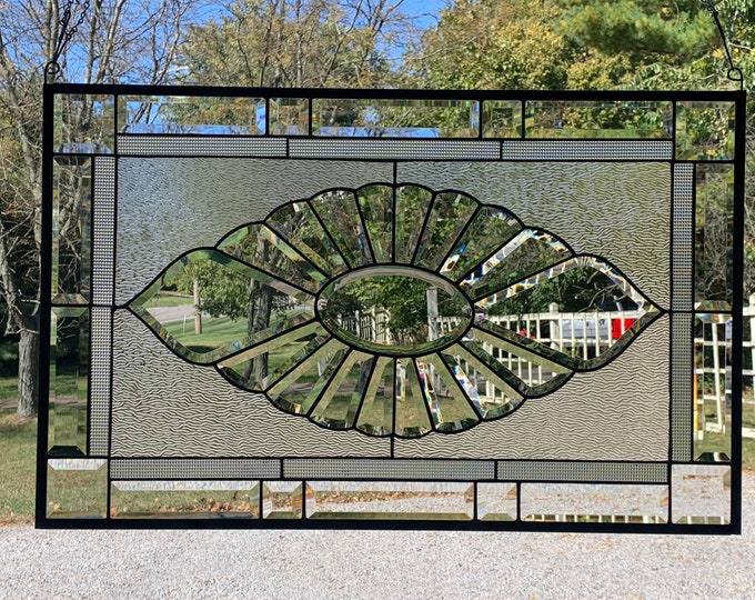 HoneyDewGlass Sunburst Stained Glass Window Panel, 20.75" X 32.75"
