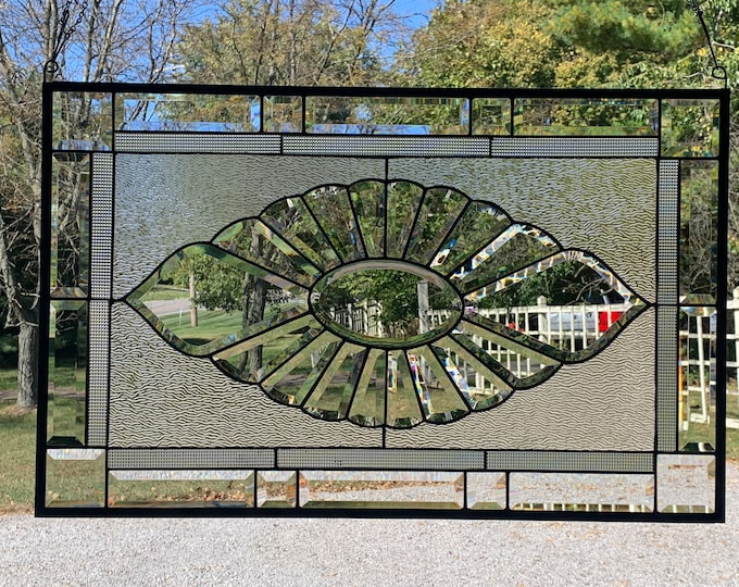 HoneyDewGlass Large Sunburst Stained Glass Window Panel, 20.75" X 32.75"