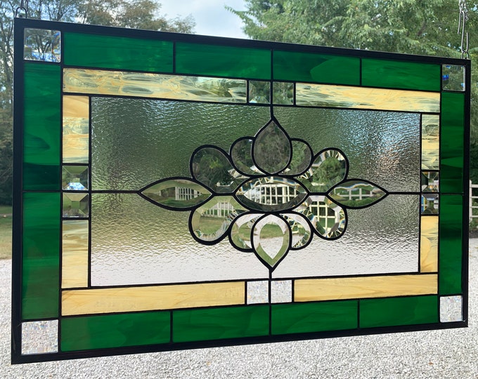 HoneyDewGlass Green and Gold Stained Glass Window Panel with Bevel Cluster, 18.75" X 28.75",
