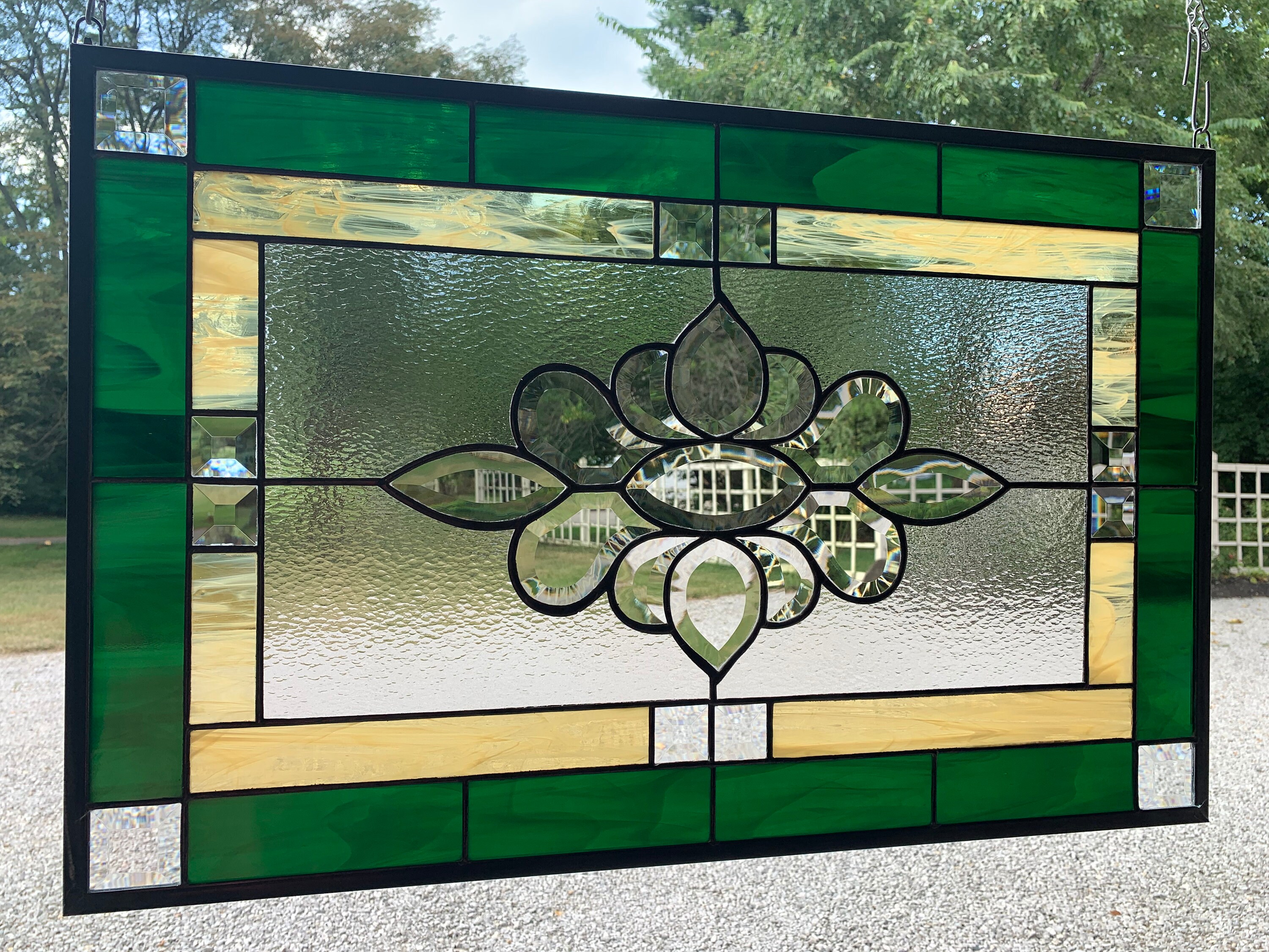 HoneyDewGlass Green and Gold Stained Glass Window Panel with Bevel