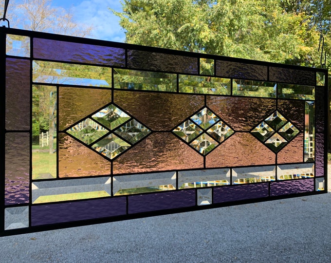 HoneyDewGlass Pink and Purple Diamond Stained Glass Panel, 12.5" X 28.5”