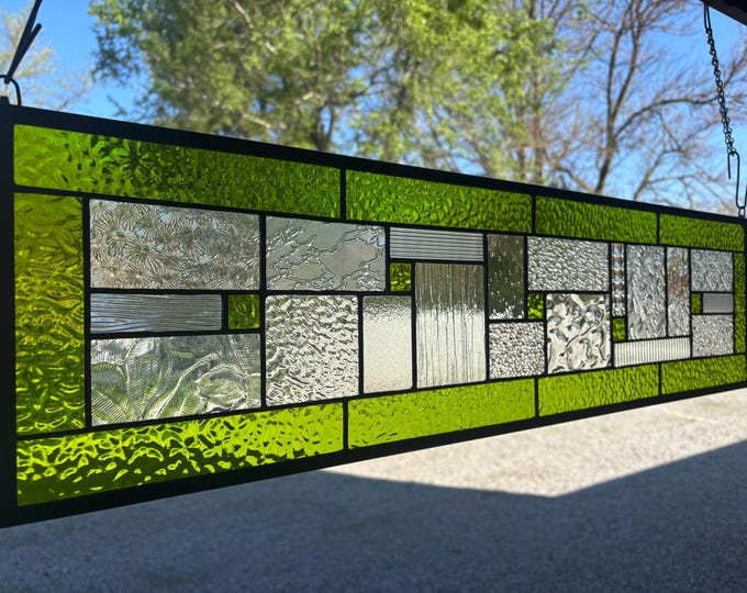 Chartreuse Green Geometric Stained Glass Panel | Clear Textured Glass, English Muffle Border (8.5" X 32.5"