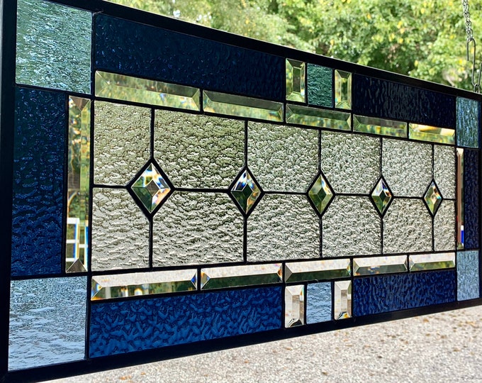HoneyDewGlass Light and Navy Blue Diamond Stained Glass Panel, 12.75" X 31.75"