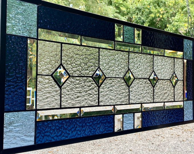 HoneyDewGlass Light and Navy Blue Diamond Stained Glass Panel, 12.75" X 31.75"