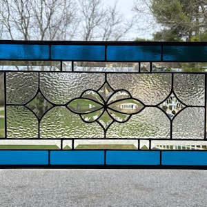 Copper Blue & Clear Ripple Stained Glass Panel | Beveled Window Hanging | Honey Dew Glass | 11.5" x 23.5"