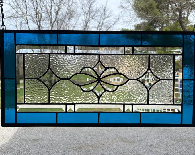 Copper Blue & Clear Ripple Stained Glass Panel | Beveled Window Hanging | Honey Dew Glass | 11.5" x 23.5"