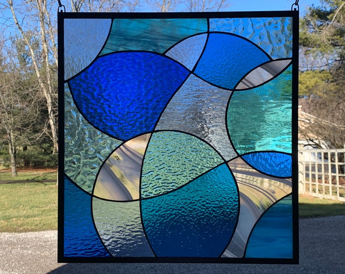 HoneyDewGlass Blue and Turquoise Swirl Stained Glass Window, 19.5" W X 20.5" H,