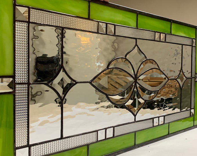 HoneyDewGlass Chartreuse Flower Cluster Stained Glass Panel with Bevels, 13.5" X 27.5"