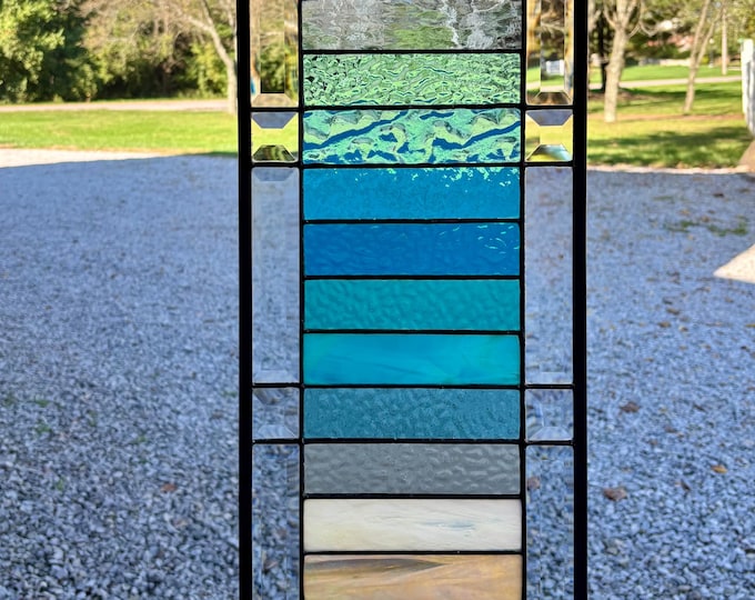 Coastal Inspired Color Block Stained Glass Window Panel in Aqua, Seafoam & Sand – Honey Dew Glass 9.5” x 27.5”