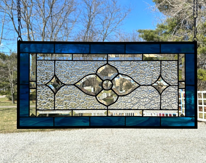 HoneyDewGlass Dark Aqua Flower Cluster Stained Glass Panel with Bevels, 12.5" X 25.5"