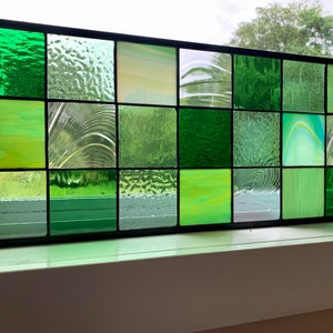 Assorted Green & Clear Tudor Stained Glass Panel – Honey Dew Glass 9.5&quot; x 21.5&quot;