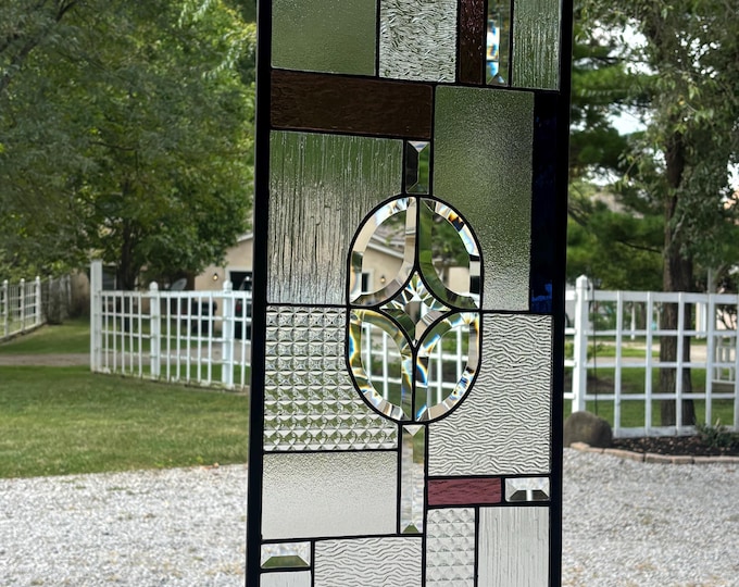 Dusty Mauve and Navy Geometric Stained Glass Panel, Clear Textured Glass & Bevels, 11.75" x 31.75" | Honey Dew Glass